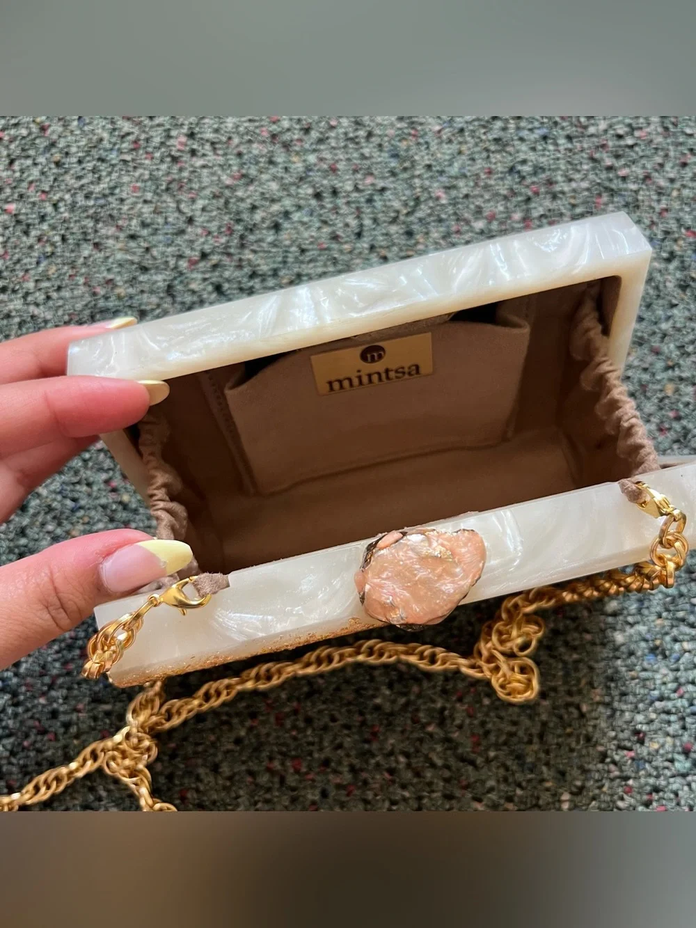 MINTSA Gold Foil & White Marble Resin Acrylic Clutch Evening Minimal Small Bag